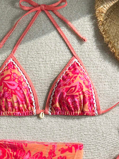 Swim Vcay Women Summer Vacation Floral Print Halter Bikini Set With Coverup & Skirt 3-Piece, Random Print