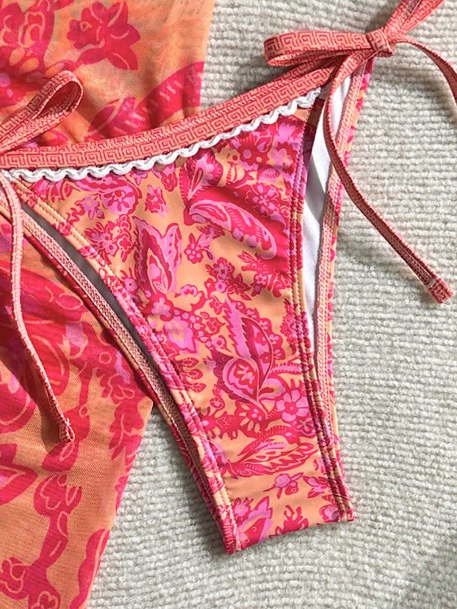 Swim Vcay Women Summer Vacation Floral Print Halter Bikini Set With Coverup & Skirt 3-Piece, Random Print