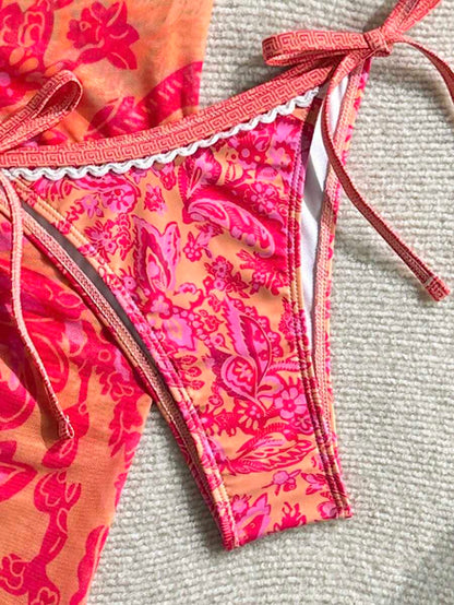 Swim Vcay Women Summer Vacation Floral Print Halter Bikini Set With Coverup & Skirt 3-Piece, Random Print