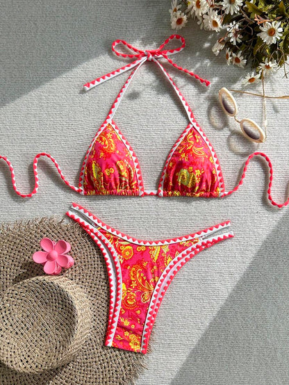 Women's 2-Piece Boho Halter Bikini Set - Tie Back, High Cut, Plant Print, Blue