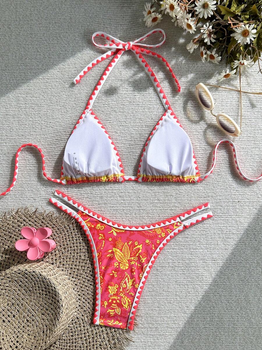 Women's 2-Piece Boho Halter Bikini Set - Tie Back, High Cut, Plant Print, Blue