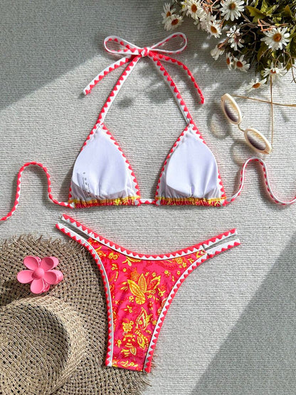 Women's 2-Piece Boho Halter Bikini Set - Tie Back, High Cut, Plant Print, Blue