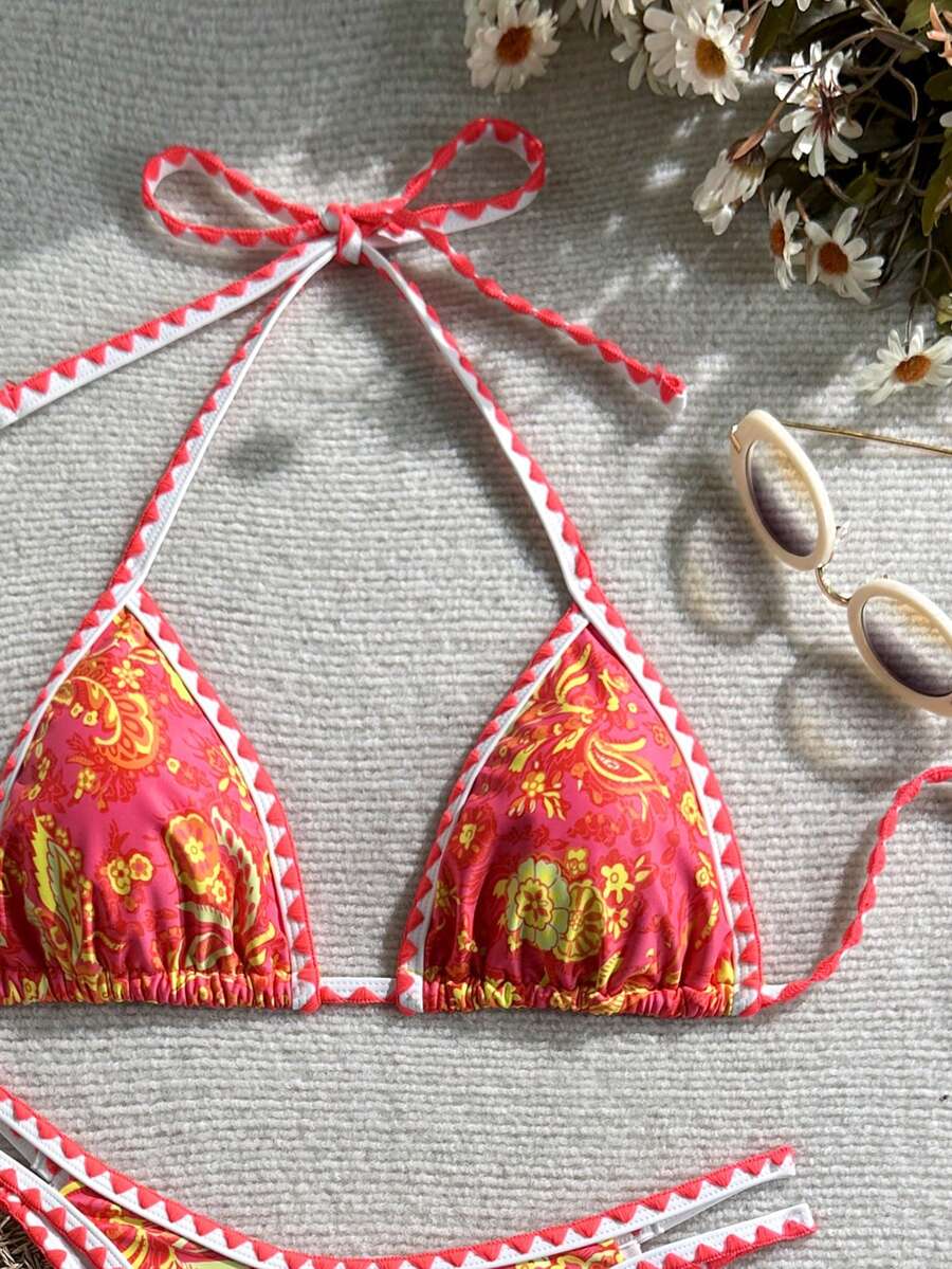 Women's 2-Piece Boho Halter Bikini Set - Tie Back, High Cut, Plant Print, Blue