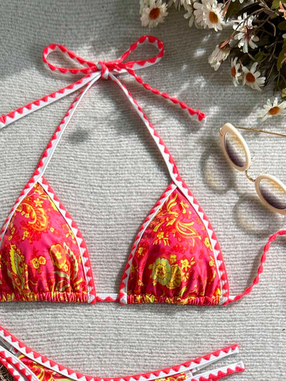 Women's 2-Piece Boho Halter Bikini Set - Tie Back, High Cut, Plant Print, Blue