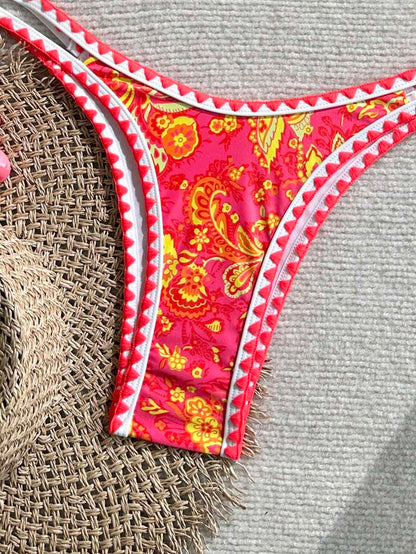 Women's 2-Piece Boho Halter Bikini Set - Tie Back, High Cut, Plant Print, Blue