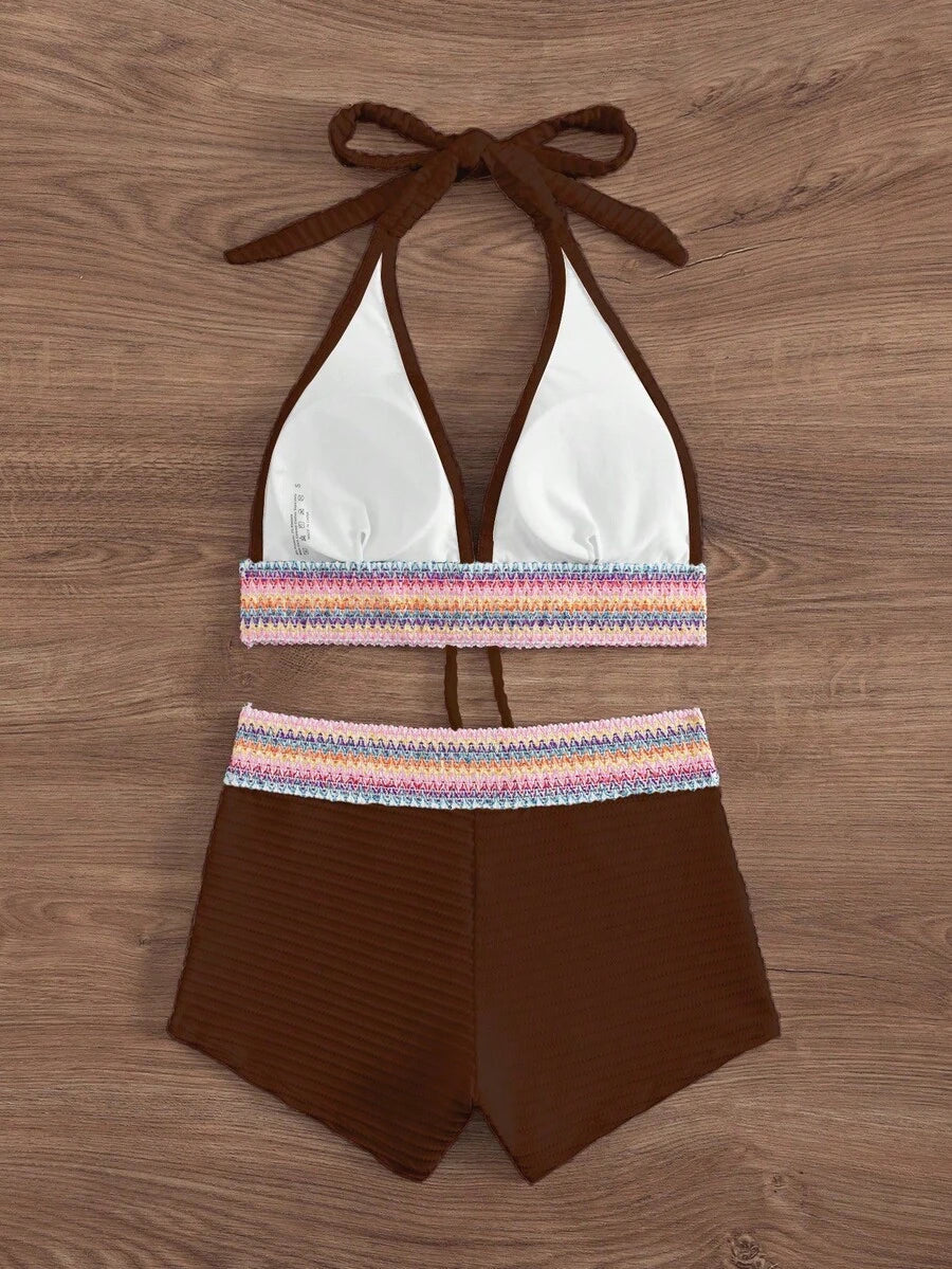 Women's 2-Piece Lace-Up Bikini Set - Twist Halter, Tie Back, High Waist Shorts, Mint Green