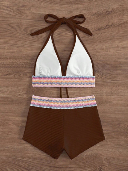 Women's 2-Piece Lace-Up Bikini Set - Twist Halter, Tie Back, High Waist Shorts, Mint Green