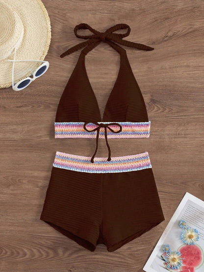 Women's 2-Piece Lace-Up Bikini Set - Twist Halter, Tie Back, High Waist Shorts, Mint Green