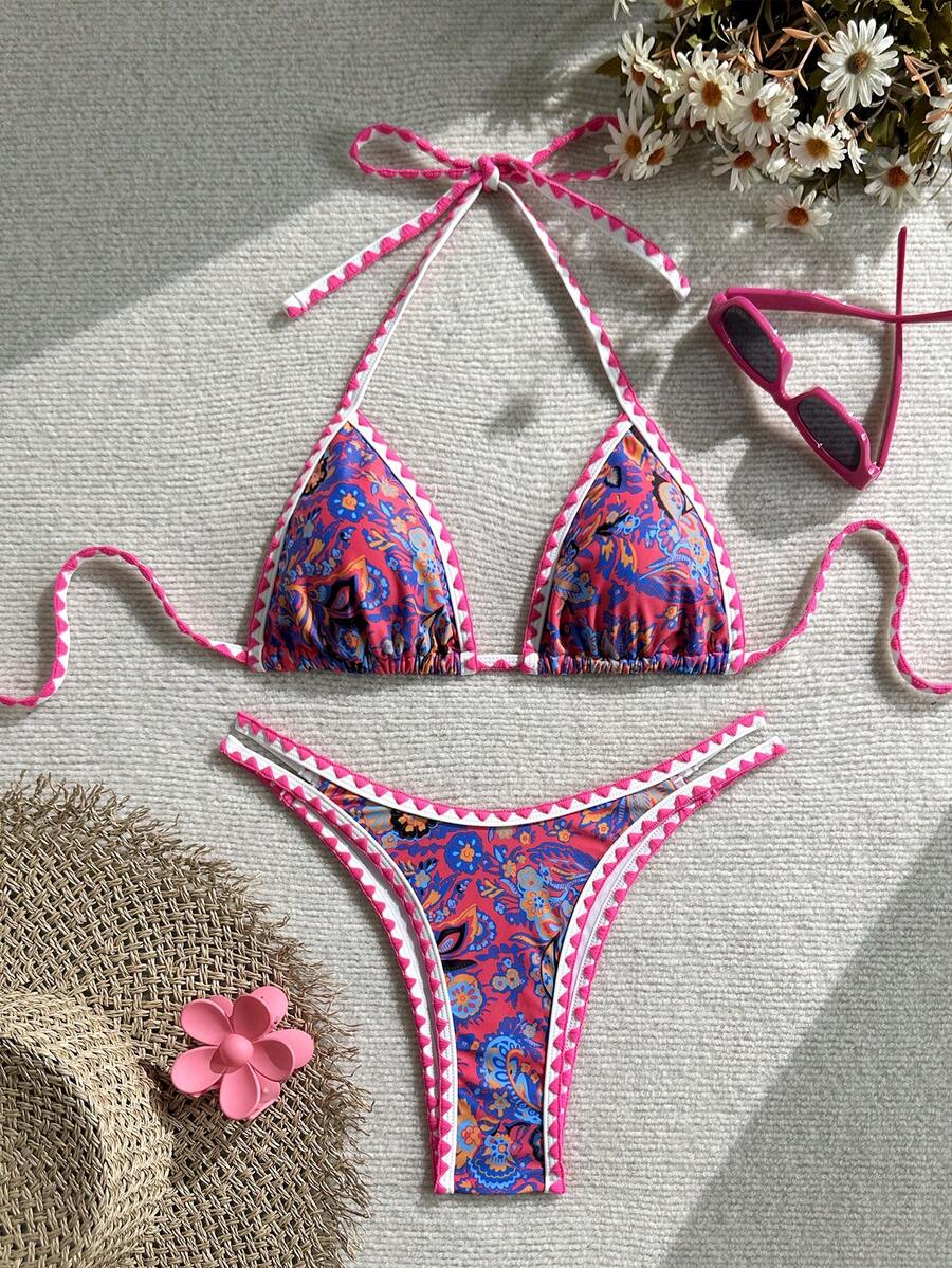 Women's 2-Piece Boho Halter Bikini Set - Tie Back, High Cut, Plant Print, Blue