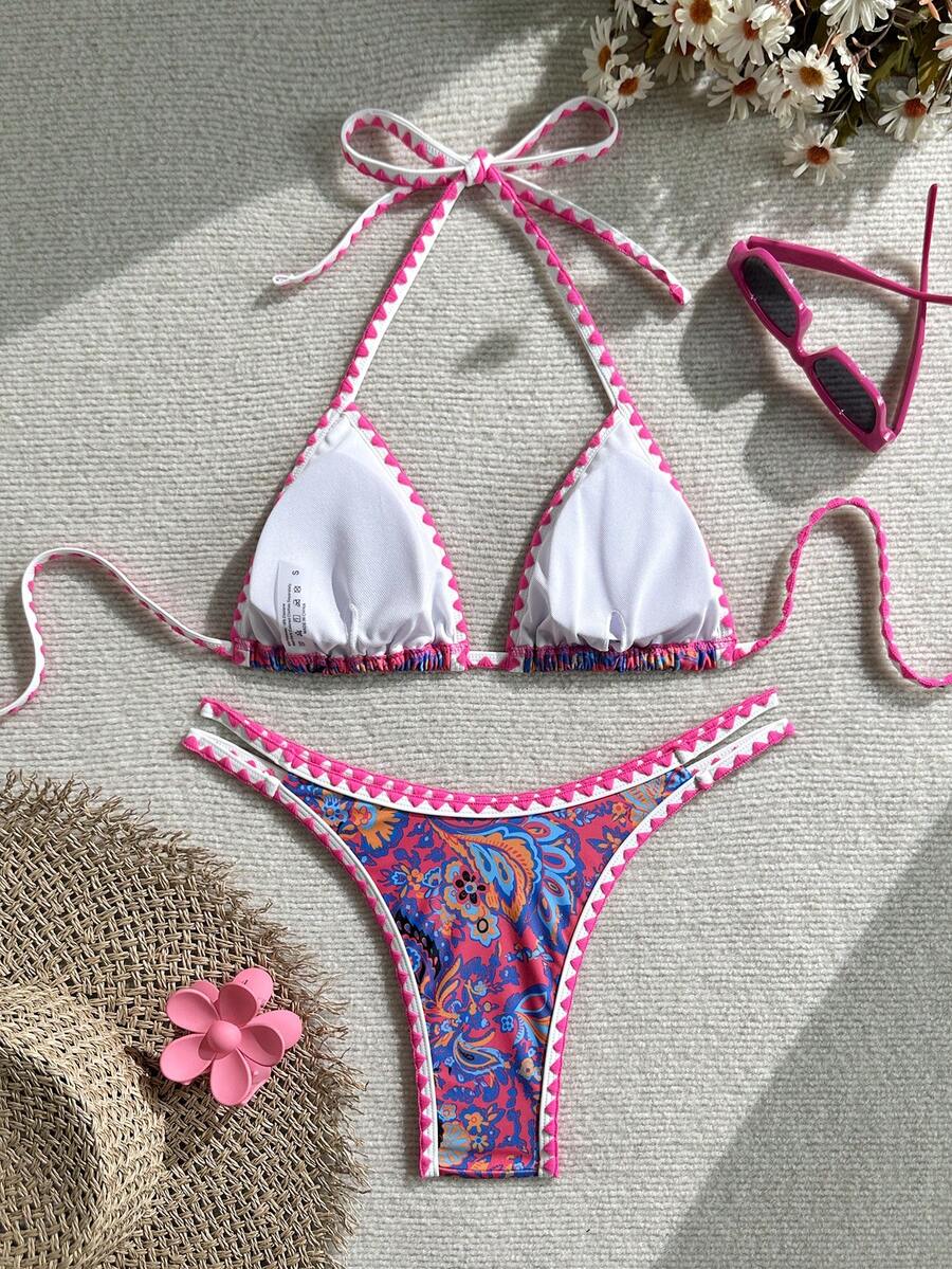 Women's 2-Piece Boho Halter Bikini Set - Tie Back, High Cut, Plant Print, Blue