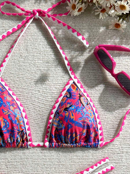 Women's 2-Piece Boho Halter Bikini Set - Tie Back, High Cut, Plant Print, Blue