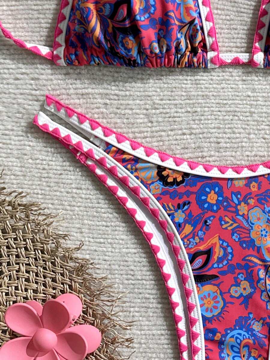 Women's 2-Piece Boho Halter Bikini Set - Tie Back, High Cut, Plant Print, Blue