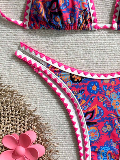 Women's 2-Piece Boho Halter Bikini Set - Tie Back, High Cut, Plant Print, Blue