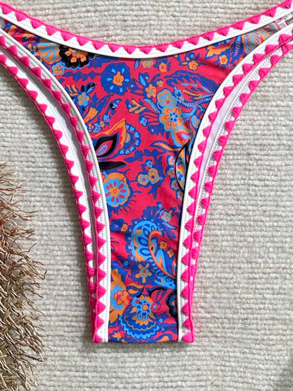 Women's 2-Piece Boho Halter Bikini Set - Tie Back, High Cut, Plant Print, Blue