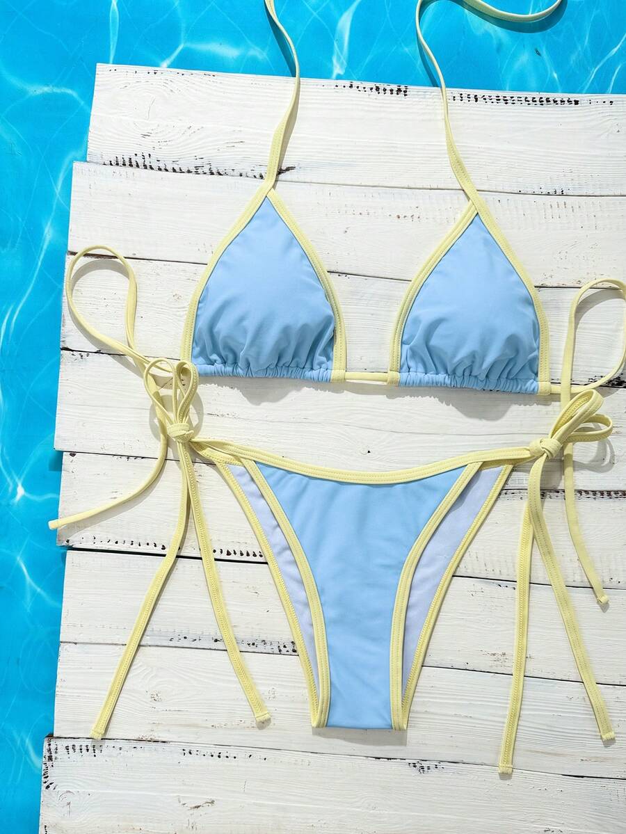 Swim Vcay Women's Summer Beach Contrast Color Halter Tie Sexy Bikini And Triangle Panty Swimwear Set Blue Bikini Yacht Party Outfit Vacation Bikini Boat Party Outfit Women Tie Side Bikini Triangle Bikini Set Light Blue Bikini