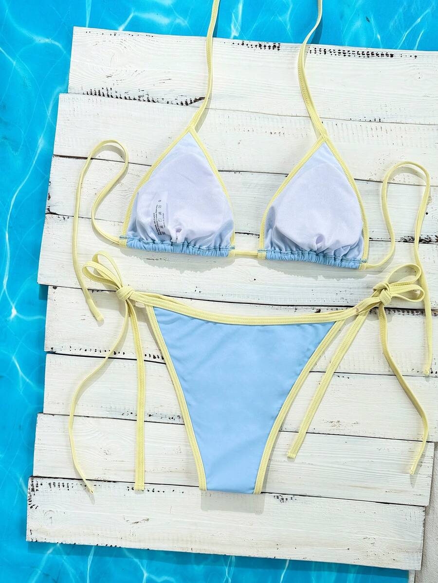 Swim Vcay Women's Summer Beach Contrast Color Halter Tie Sexy Bikini And Triangle Panty Swimwear Set Blue Bikini Yacht Party Outfit Vacation Bikini Boat Party Outfit Women Tie Side Bikini Triangle Bikini Set Light Blue Bikini