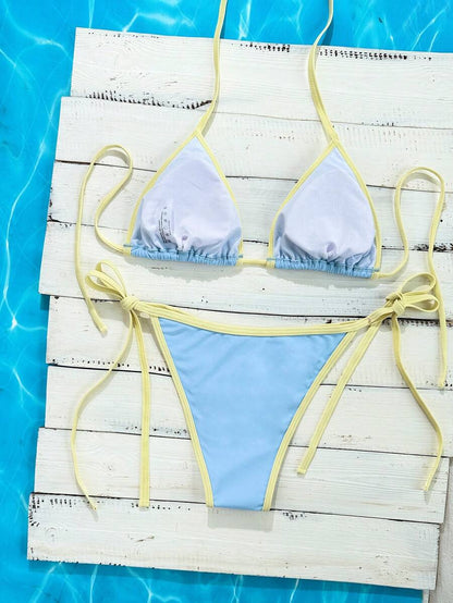 Swim Vcay Women's Summer Beach Contrast Color Halter Tie Sexy Bikini And Triangle Panty Swimwear Set Blue Bikini Yacht Party Outfit Vacation Bikini Boat Party Outfit Women Tie Side Bikini Triangle Bikini Set Light Blue Bikini