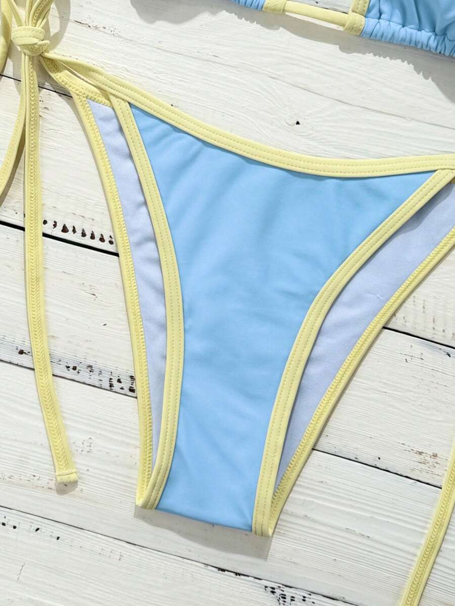 Swim Vcay Women's Summer Beach Contrast Color Halter Tie Sexy Bikini And Triangle Panty Swimwear Set Blue Bikini Yacht Party Outfit Vacation Bikini Boat Party Outfit Women Tie Side Bikini Triangle Bikini Set Light Blue Bikini