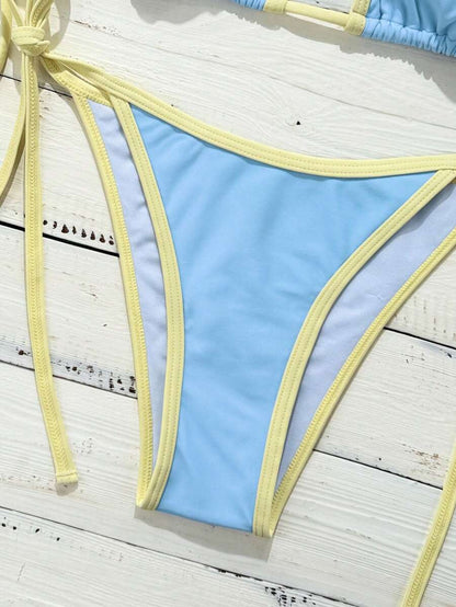 Swim Vcay Women's Summer Beach Contrast Color Halter Tie Sexy Bikini And Triangle Panty Swimwear Set Blue Bikini Yacht Party Outfit Vacation Bikini Boat Party Outfit Women Tie Side Bikini Triangle Bikini Set Light Blue Bikini