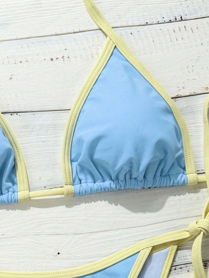 Swim Vcay Women's Summer Beach Contrast Color Halter Tie Sexy Bikini And Triangle Panty Swimwear Set Blue Bikini Yacht Party Outfit Vacation Bikini Boat Party Outfit Women Tie Side Bikini Triangle Bikini Set Light Blue Bikini