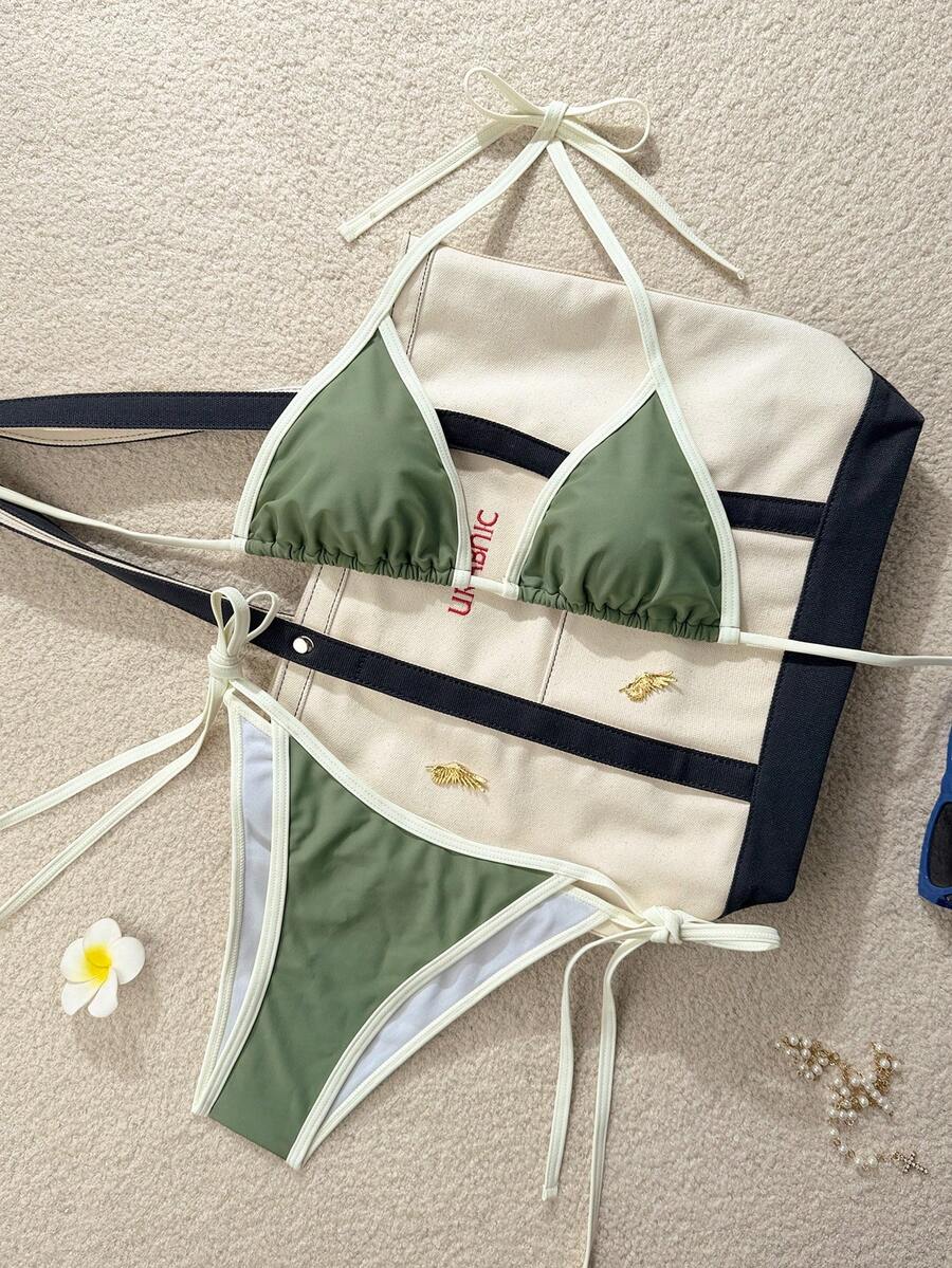 Swim Vcay Women's Summer Beach Contrast Color Halter Tie Sexy Bikini And Triangle Panty Swimwear Set Blue Bikini Yacht Party Outfit Vacation Bikini Boat Party Outfit Women Tie Side Bikini Triangle Bikini Set Light Blue Bikini