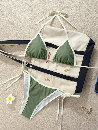Swim Vcay Women's Summer Beach Contrast Color Halter Tie Sexy Bikini And Triangle Panty Swimwear Set Blue Bikini Yacht Party Outfit Vacation Bikini Boat Party Outfit Women Tie Side Bikini Triangle Bikini Set Light Blue Bikini