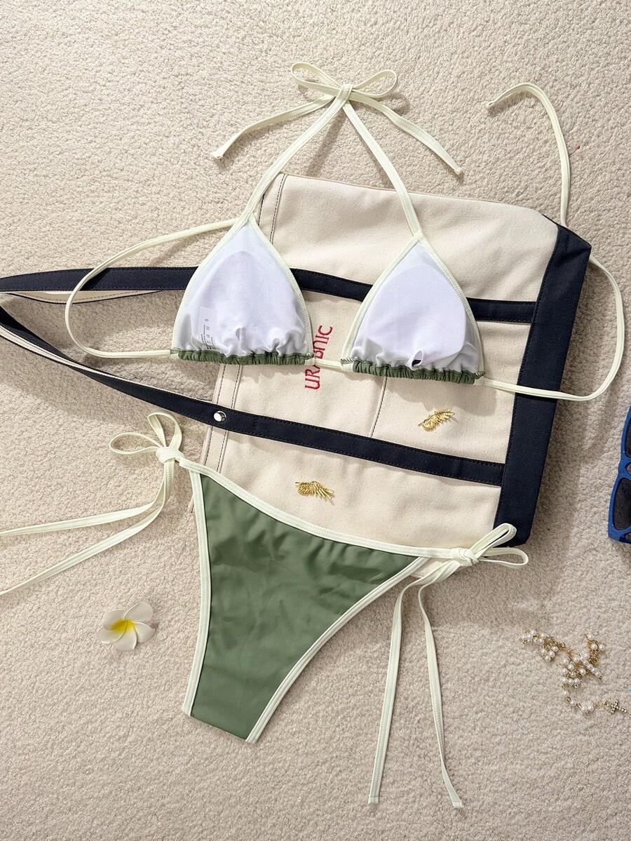 Swim Vcay Women's Summer Beach Contrast Color Halter Tie Sexy Bikini And Triangle Panty Swimwear Set Blue Bikini Yacht Party Outfit Vacation Bikini Boat Party Outfit Women Tie Side Bikini Triangle Bikini Set Light Blue Bikini