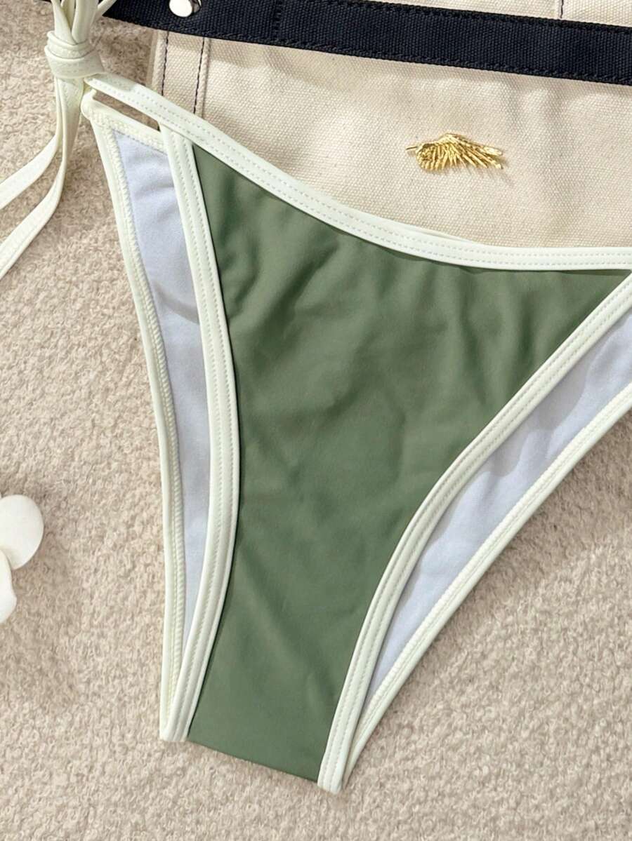 Swim Vcay Women's Summer Beach Contrast Color Halter Tie Sexy Bikini And Triangle Panty Swimwear Set Blue Bikini Yacht Party Outfit Vacation Bikini Boat Party Outfit Women Tie Side Bikini Triangle Bikini Set Light Blue Bikini