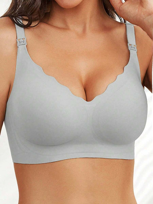Grey Seamless Nursing Bra - Comfortable Wireless Maternity Bralette with Adjustable Straps and Medium Support Knitted Fabric