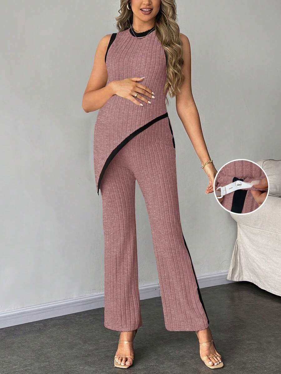 2-Piece Maternity Slim Fit Sleeveless Top and Straight Leg Pants Set - Asymmetrical Round Neck High Stretch Knit Casual Lounge Set