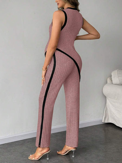 2-Piece Maternity Slim Fit Sleeveless Top and Straight Leg Pants Set - Asymmetrical Round Neck High Stretch Knit Casual Lounge Set