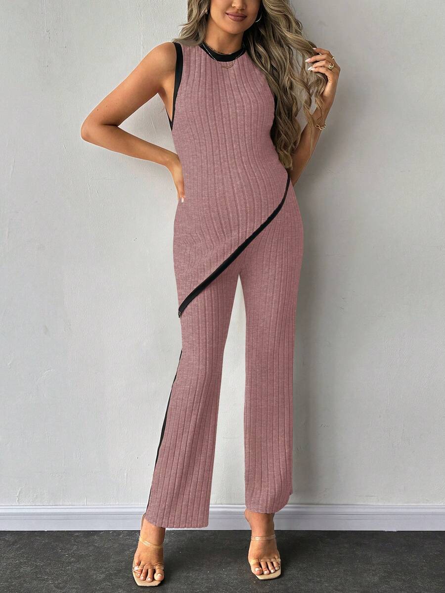 2-Piece Maternity Slim Fit Sleeveless Top and Straight Leg Pants Set - Asymmetrical Round Neck High Stretch Knit Casual Lounge Set
