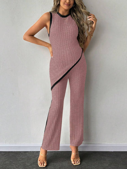 2-Piece Maternity Slim Fit Sleeveless Top and Straight Leg Pants Set - Asymmetrical Round Neck High Stretch Knit Casual Lounge Set