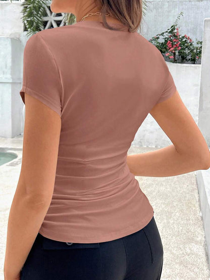 Maternity Slim Fit V-Neck Short Sleeve Pleated T-Shirt in Coffee Brown, Casual Summer Knitted Pregnancy Top