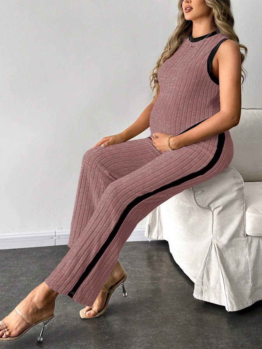 2-Piece Maternity Slim Fit Sleeveless Top and Straight Leg Pants Set - Asymmetrical Round Neck High Stretch Knit Casual Lounge Set