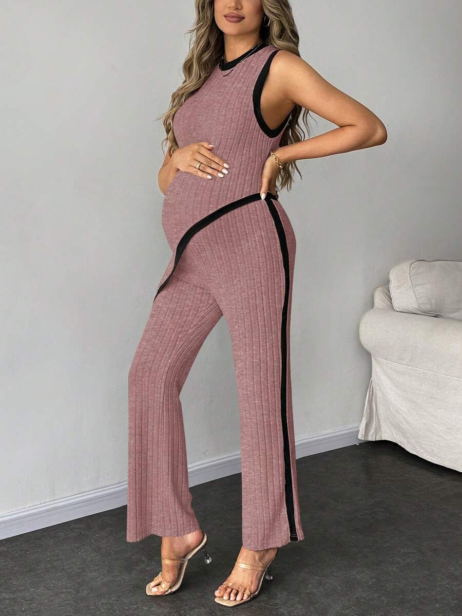 2-Piece Maternity Slim Fit Sleeveless Top and Straight Leg Pants Set - Asymmetrical Round Neck High Stretch Knit Casual Lounge Set