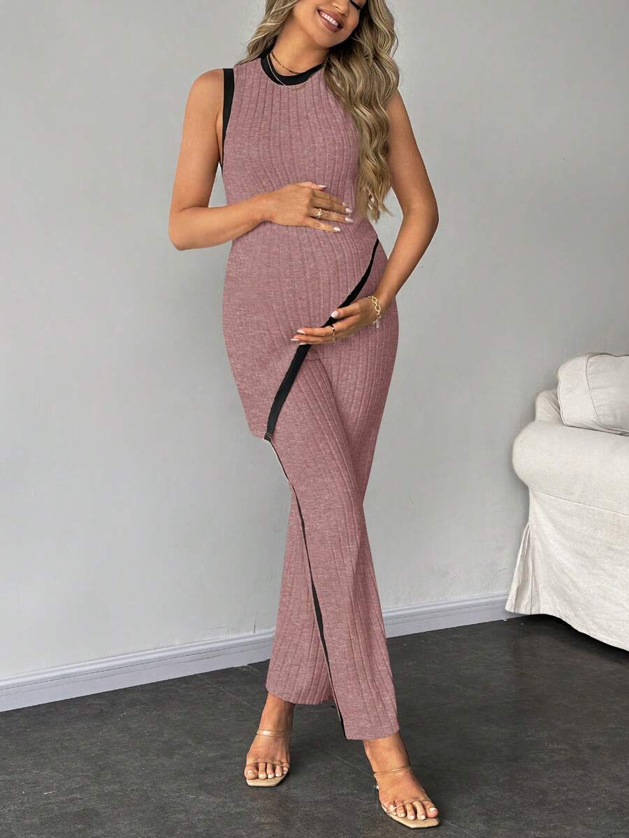 2-Piece Maternity Slim Fit Sleeveless Top and Straight Leg Pants Set - Asymmetrical Round Neck High Stretch Knit Casual Lounge Set