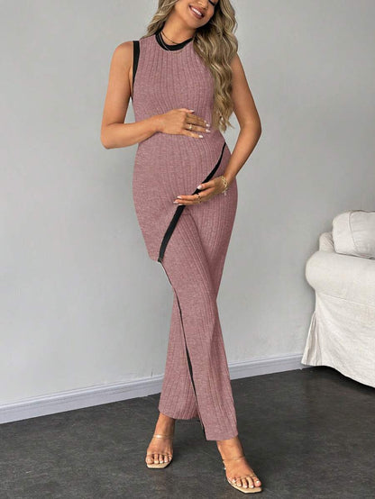 2-Piece Maternity Slim Fit Sleeveless Top and Straight Leg Pants Set - Asymmetrical Round Neck High Stretch Knit Casual Lounge Set