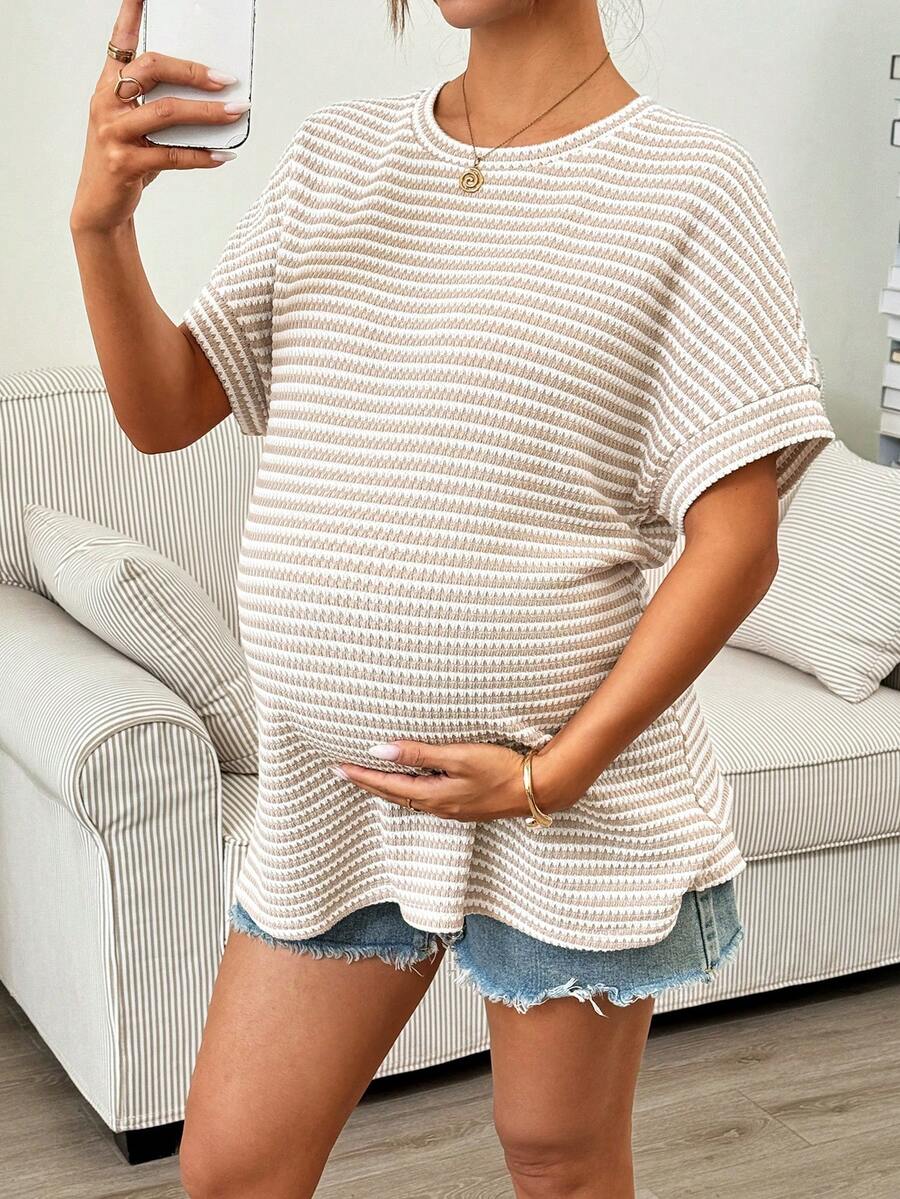 Khaki Striped Batwing Sleeve Maternity T-Shirt Round Neck Loose Fit Casual Short Sleeve Pregnancy Top Comfortable Home Wear