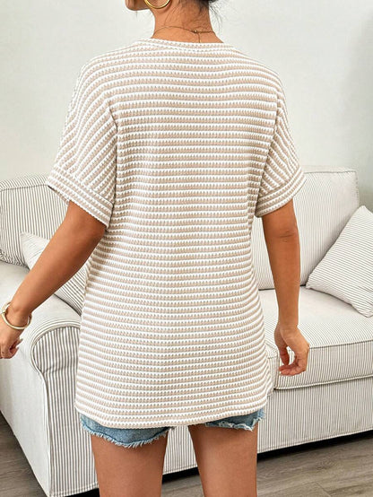 Khaki Striped Batwing Sleeve Maternity T-Shirt Round Neck Loose Fit Casual Short Sleeve Pregnancy Top Comfortable Home Wear