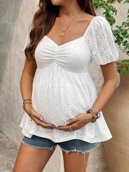 Maternity White Short Sleeve Round Neck Lace Patchwork Bodycon Mini Dress - Slim Fit Knitted Casual Daily Maternity Wear