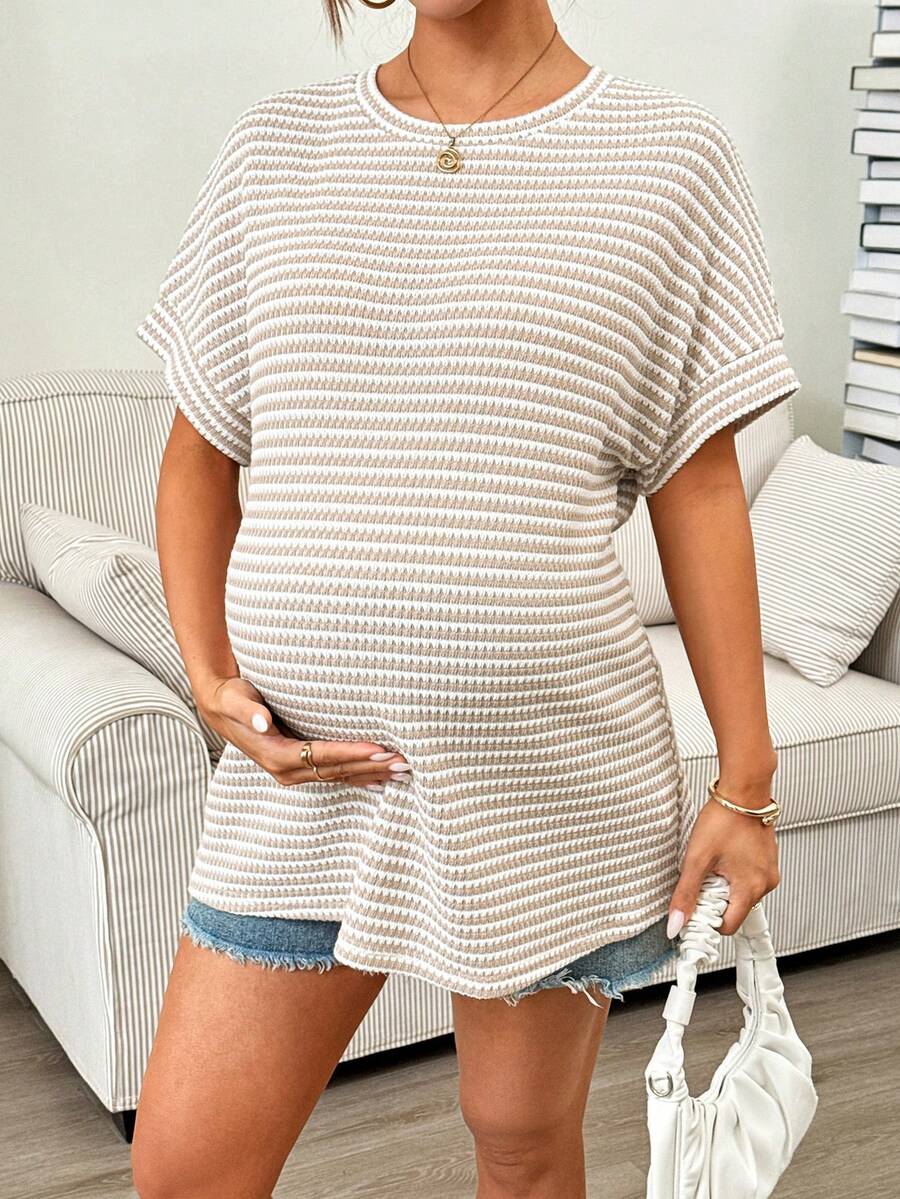 Khaki Striped Batwing Sleeve Maternity T-Shirt Round Neck Loose Fit Casual Short Sleeve Pregnancy Top Comfortable Home Wear