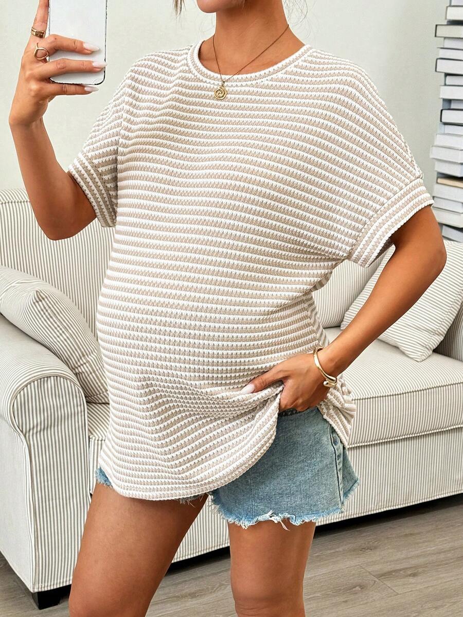 Khaki Striped Batwing Sleeve Maternity T-Shirt Round Neck Loose Fit Casual Short Sleeve Pregnancy Top Comfortable Home Wear