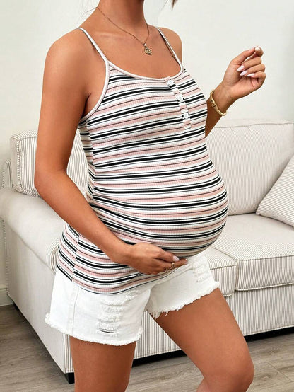 Maternity Striped Camisole Summer Cami Top with Ruched Detail and Spaghetti Straps Casual Slim Fit Knitted Tank for Home & Daily Wear