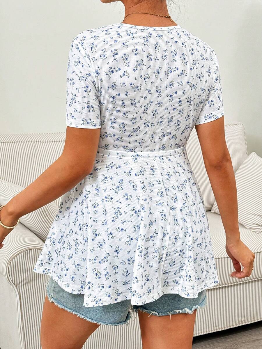 Maternity Ditsy Floral Scoop Neck T-Shirt with Drawstring Waist, Blue and White Slim Fit Short Sleeve Summer Pregnancy Top