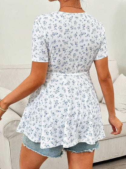 Maternity Ditsy Floral Scoop Neck T-Shirt with Drawstring Waist, Blue and White Slim Fit Short Sleeve Summer Pregnancy Top