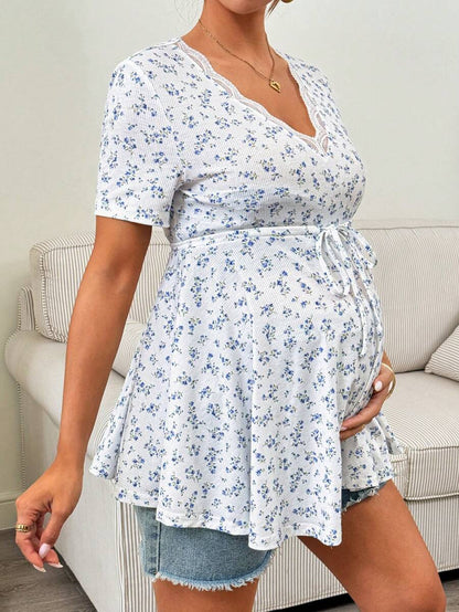 Maternity Ditsy Floral Scoop Neck T-Shirt with Drawstring Waist, Blue and White Slim Fit Short Sleeve Summer Pregnancy Top