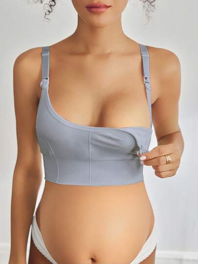 Seamless Grey Maternity and Nursing Bra - Wireless Knitted Comfort Crop Top with Adjustable Straps for Daily Wear