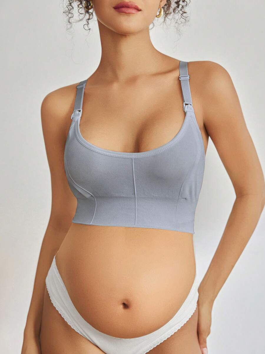 Seamless Grey Maternity and Nursing Bra - Wireless Knitted Comfort Crop Top with Adjustable Straps for Daily Wear