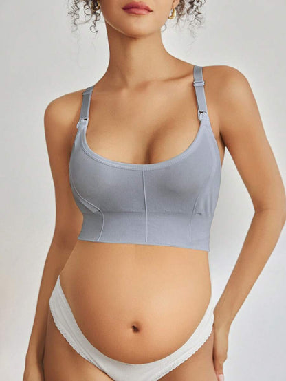 Seamless Grey Maternity and Nursing Bra - Wireless Knitted Comfort Crop Top with Adjustable Straps for Daily Wear